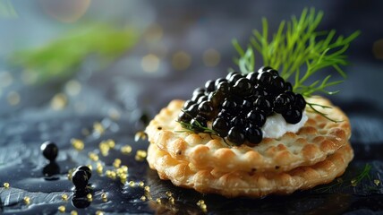 Caviar on crispy wafers garnished with fresh dill