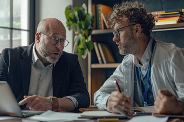 Portrait half-body of a European-American entrepreneur discussing business finances with a financial consultant in a trendy office, hyper-realistic, high detail, photorealistic