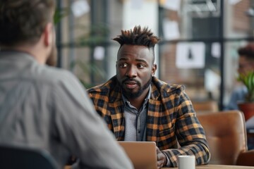 Portrait half-body of a multi-ethnic entrepreneur discussing business finances with a financial consultant in a trendy office, hyper-realistic, high detail, photorealistic