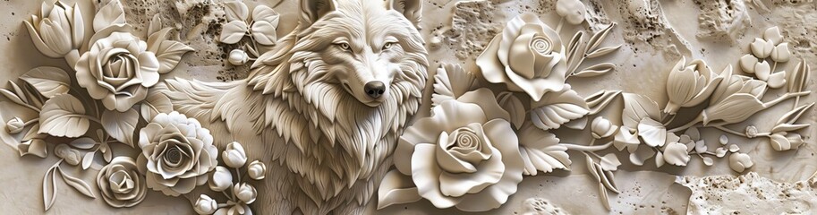 Beautiful wolf 3d relief wallpaper. Mural wallpaper. Wall art. AI generated illustration