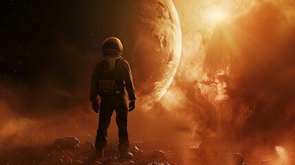 a man in a space suit standing in front of a planet with a sun in the background