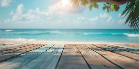 Empty surface on beach background, advertising banner Summer mockup for design and product display.