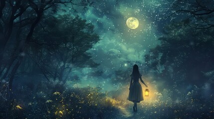 Wall Mural - A woman is walking through a forest at night, holding a lantern