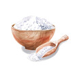 © Svetlana - Wooden cup with salt in watercolor illustration on a white background. Hand-drawn medical illustration of mice, salt, mushrooms for culinary books, spa advertisements, baths, saunas, cosmetic salons.