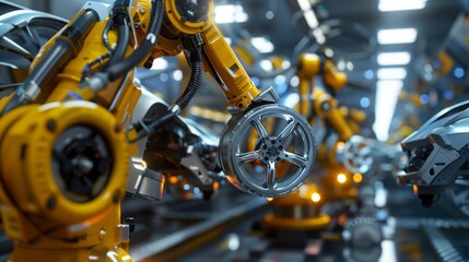 Aufkleber - A close-up shot of a yellow industrial robotic arm assembling a car wheel in a modern factory setting. The robot is positioned to install the wheel on a car chassis in the background.