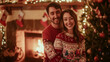 © mittpro - Holiday Card Photoshoot. A smiling couple in matching holiday sweaters, posing in front of a decorated fireplace