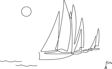 Wall Mural - Yachts on sea waves. Seagull in the sky. Continuous line  drawing illustration. Isolated on white background