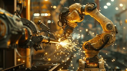 Wall Mural - Robot is working on a piece of machinery, surrounded by sparks. The scene is futuristic and industrial, with the robot being the main focus. Scene is intense and focused