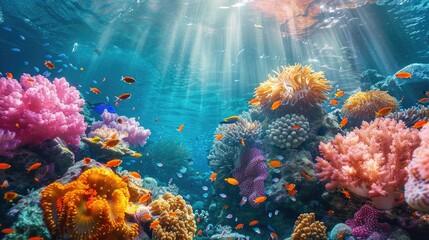 Colorful coral reef with many fish swimming around. The fish are orange and pink, and the coral is bright and vibrant. The scene is peaceful and serene, with the sun shining down on the water