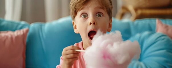 Young boy with a surprised expression, enjoying cotton candy, capturing the joy and wonder of childhood moments and sweet treats. Free copy space.