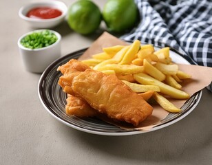 Wall Mural - Vegan fish and chips on table background