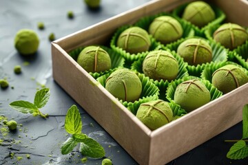 Box of green tea matcha truffles with mint leaves