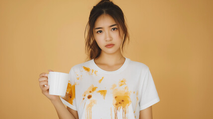 Wall Mural - Cloth stain, disappointment asian young woman clumsy with hot coffee, tea stains on shirt, hand show making spill drop on white t-shirt, spot dirty or smudge on clothes at home, isolated on background