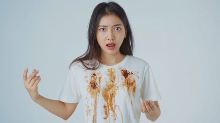 Wall Mural - Cloth stain, disappointment asian young woman clumsy with hot coffee, tea stains on shirt, hand show making spill drop on white t-shirt, spot dirty or smudge on clothes at home, isolated on background