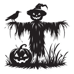 Wall Mural - Scarecrow scary halloween character silhouette vector illustration isolated on white background