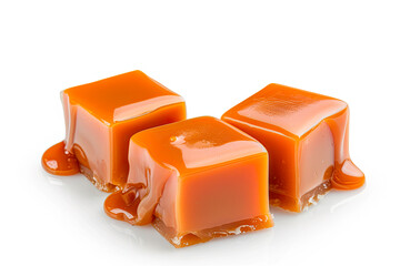 Wall Mural - sweet caramel candy cubes topped with caramel sauce isolated on white background