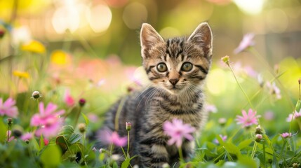 Cute kitten in a flower meadow. Adorable tabby kitten sitting in a field of colorful flowers, enjoying the warm sunshine and fresh air of spring.