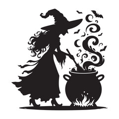 Wall Mural - Halloween witch silhouette with broomstick, hats and magic pot vector illustration isolated on white background