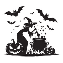 Wall Mural - Halloween witch silhouette with broomstick, hats and magic pot vector illustration isolated on white background