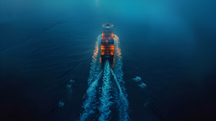 Wall Mural - Aerial View of Cargo Ship on Dark Blue Ocean