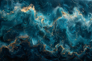 A mesmerizing, abstract surface of teal and dark blue marble with golden accents, resembling a flowing, textured, and ethereal oceanic scene