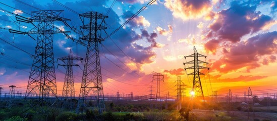 Sticker - Electricity Towers Silhouetted Against a Dramatic Sunset