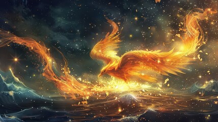 Wall Mural - A bright orange bird is flying through a starry sky