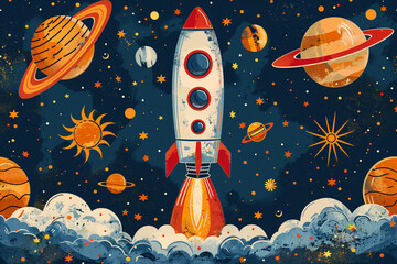 Wall Mural - A whimsical, cartoon-style space scene with a smiling sun, planets, stars, and a launching rocket amid a speckled, starry blue background