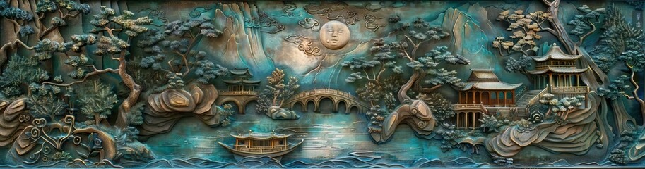 Wall Mural - Beautiful Chinese landscapes 3d relief wallpaper. Mural wallpaper. Wall art. AI generated illustration.