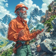 Cartoon Miner Discovering Rare Earth Element in Rugged Landscape