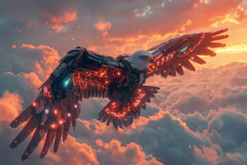 A cybernetic eagle with mechanical wings and LED-lit feathers soaring against a vibrant sky,