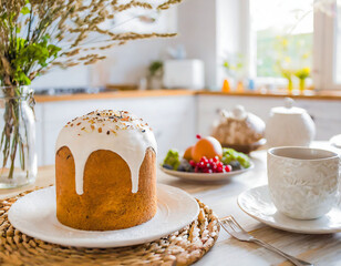 A festive Russian Kulich bread, typical of Easter, decorated with white icing and sprinkled with multi-coloured confectionery, presented in a bright, modern kitchen.