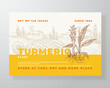 © createvil - Turmeric Plant Powder Curry Food Label Template. Abstract Vector Packaging Design Layout. Modern Typography Banner with Hand Drawn Curcuma Spice and Rural Landscape Background. Isolated