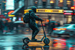 © Natalia - A professional riding an electric scooter through a busy city street, seamlessly weaving through traffic on the way to work,