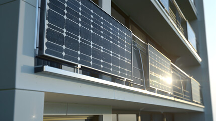 Wall Mural - balcony with a balcony solar power system. The solar panels are mounted outside of the balcony directly in front of the railing