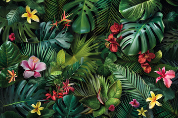 Wall Mural - A lush green jungle with a variety of flowers and plants