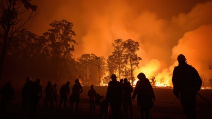 Wall Mural - A group of people are walking through a forest fire