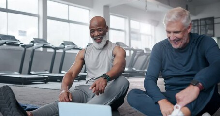 Canvas Print - Gym, friends and mature men, high five and training for health, fitness and wellness of body with workout. Happiness, laptop and practice on floor, talking and smile for people and goal of muscle