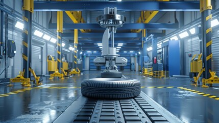 Aufkleber - A close-up of a tire on a conveyor belt in a factory setting. The tire is being tested for its performance and durability.