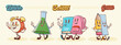 © createvil - Groovy Back to School Retro Characters Set. Cartoon Pencil, Backpack, Clock, Book and Ruler. Vector Education Chemistry Mascot Templates. Happy Vintage Cool Learning Personage Illustrations Isolated