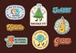 © createvil - Groovy Back to School Retro Stickers Set. Cartoon Pencil, Clock, Earth and Chemistry Flask Labels Vector Education Mascot Sticker Templates. Happy Vintage Cool Learning Personage Illustrations