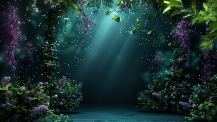 Aufkleber - A lush green forest with purple flowers and vines. The sky is blue and the sun is shining through the trees