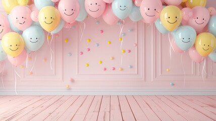 Wall Mural - A room with a pink wall and a bunch of balloons with smiling faces. The balloons are in different colors and sizes, and they are hanging from the ceiling. The room has a cheerful