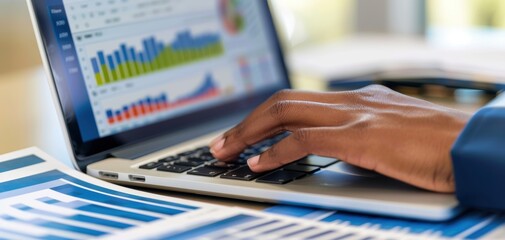 Fototapete - A person is typing on a laptop with a screen displaying graphs
