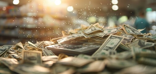 Poster - A pile of money is on top of a calculator