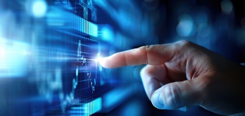 Aufkleber - A hand is pointing at a blue screen with a lot of numbers and lines