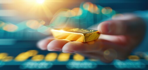 Poster - A hand holding a gold bar with a bright yellow shine