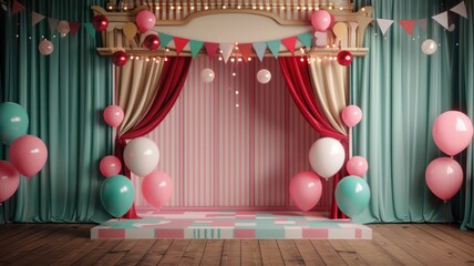 Wall Mural - A room with a pink and green striped curtain and a red curtain. There are many balloons in the room, including some that are pink and white. The room is decorated for a party or celebration