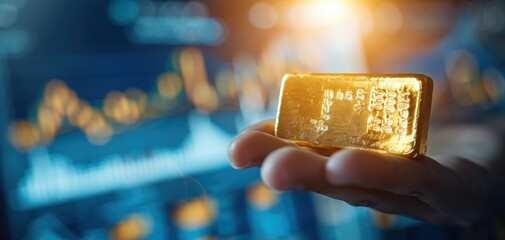 Poster - A hand holding a gold bar in front of a computer screen with graphs