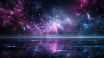Poster - A beautiful, colorful, and starry night sky with a large planet in the foreground. The sky is filled with stars and the water is calm and reflective